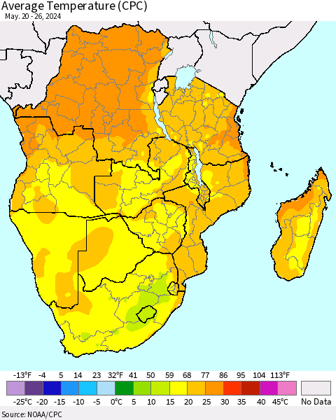 Southern Africa Average Temperature (CPC) Thematic Map For 5/20/2024 - 5/26/2024