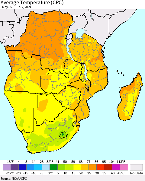 Southern Africa Average Temperature (CPC) Thematic Map For 5/27/2024 - 6/2/2024