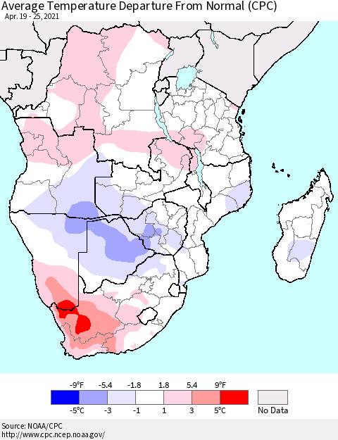 Southern Africa Average Temperature Departure from Normal (CPC) Thematic Map For 4/19/2021 - 4/25/2021