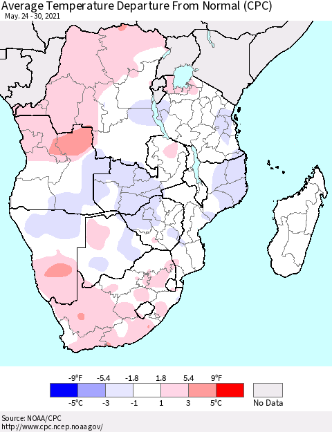 Southern Africa Average Temperature Departure from Normal (CPC) Thematic Map For 5/24/2021 - 5/30/2021
