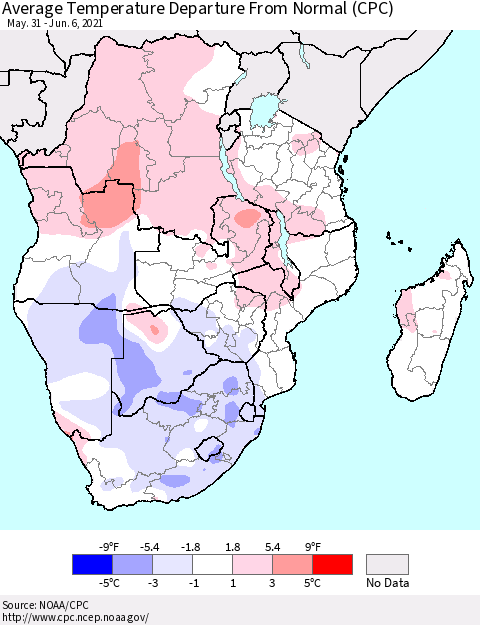 Southern Africa Average Temperature Departure from Normal (CPC) Thematic Map For 5/31/2021 - 6/6/2021