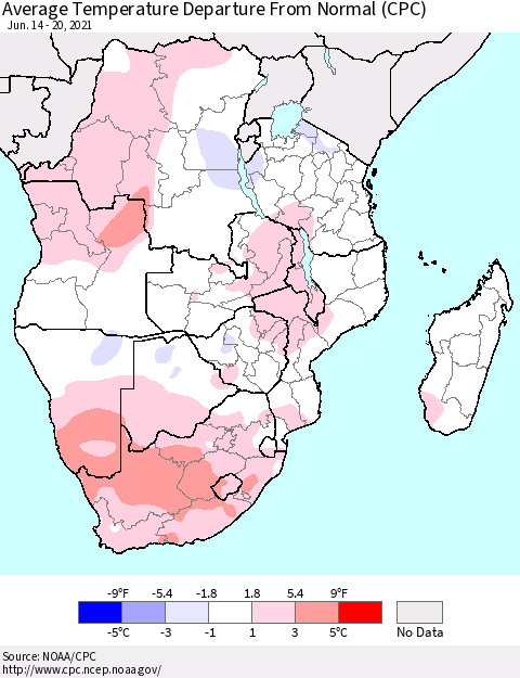 Southern Africa Average Temperature Departure from Normal (CPC) Thematic Map For 6/14/2021 - 6/20/2021