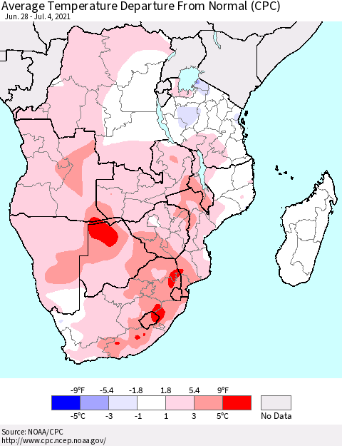 Southern Africa Average Temperature Departure from Normal (CPC) Thematic Map For 6/28/2021 - 7/4/2021