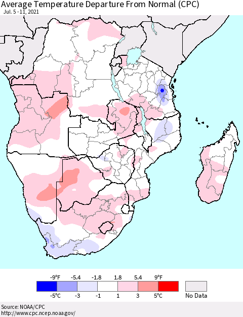 Southern Africa Average Temperature Departure from Normal (CPC) Thematic Map For 7/5/2021 - 7/11/2021