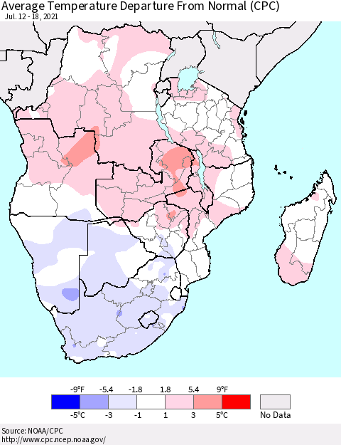 Southern Africa Average Temperature Departure from Normal (CPC) Thematic Map For 7/12/2021 - 7/18/2021