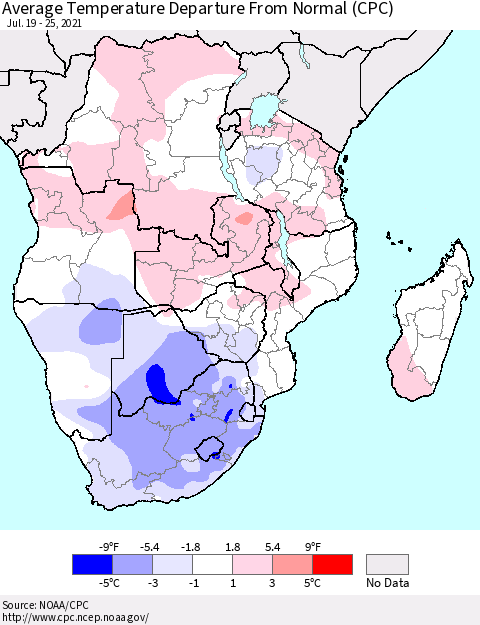 Southern Africa Average Temperature Departure from Normal (CPC) Thematic Map For 7/19/2021 - 7/25/2021