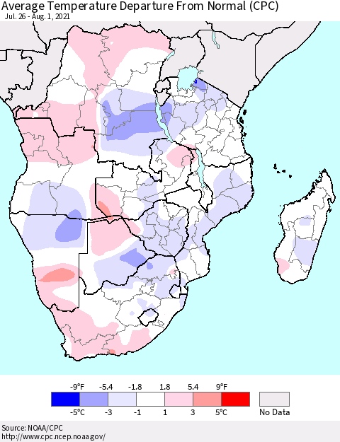 Southern Africa Average Temperature Departure from Normal (CPC) Thematic Map For 7/26/2021 - 8/1/2021