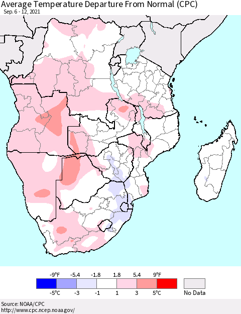 Southern Africa Average Temperature Departure from Normal (CPC) Thematic Map For 9/6/2021 - 9/12/2021