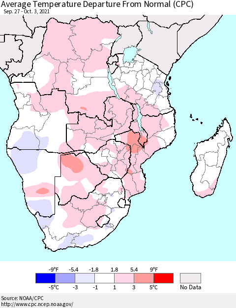 Southern Africa Average Temperature Departure from Normal (CPC) Thematic Map For 9/27/2021 - 10/3/2021