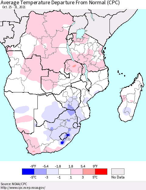 Southern Africa Average Temperature Departure from Normal (CPC) Thematic Map For 10/25/2021 - 10/31/2021