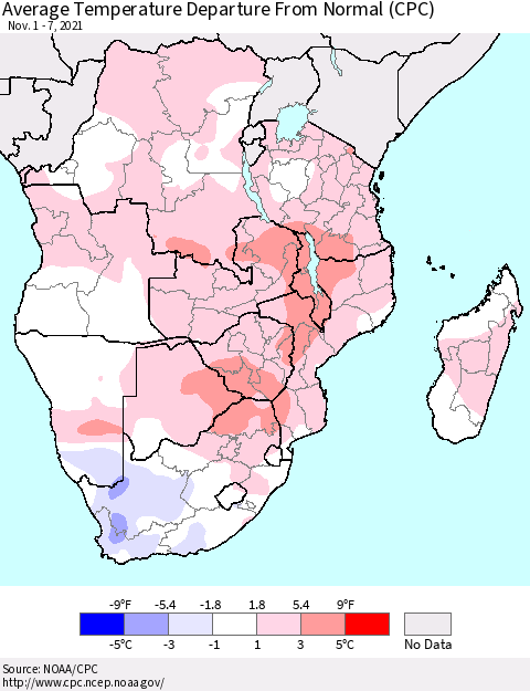 Southern Africa Average Temperature Departure from Normal (CPC) Thematic Map For 11/1/2021 - 11/7/2021