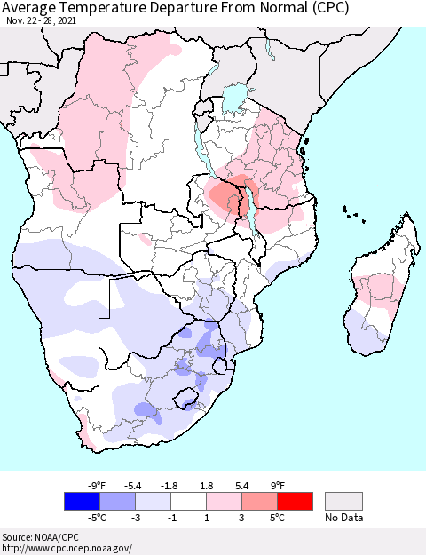 Southern Africa Average Temperature Departure from Normal (CPC) Thematic Map For 11/22/2021 - 11/28/2021