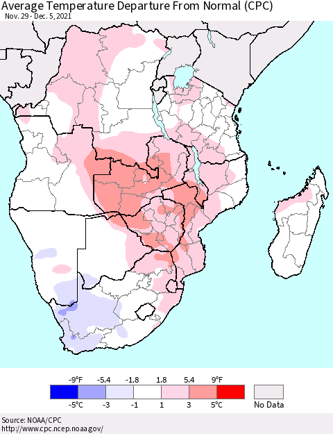 Southern Africa Average Temperature Departure from Normal (CPC) Thematic Map For 11/29/2021 - 12/5/2021