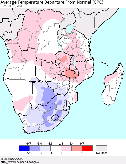 Southern Africa Average Temperature Departure from Normal (CPC) Thematic Map For 12/13/2021 - 12/19/2021