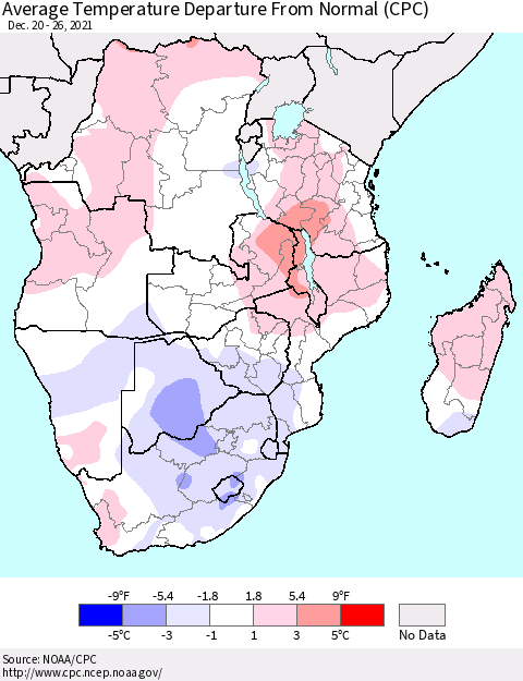 Southern Africa Average Temperature Departure from Normal (CPC) Thematic Map For 12/20/2021 - 12/26/2021