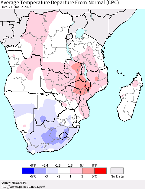 Southern Africa Average Temperature Departure from Normal (CPC) Thematic Map For 12/27/2021 - 1/2/2022