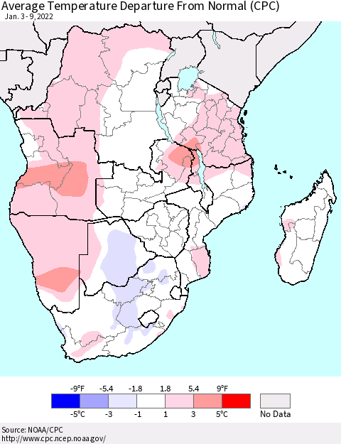 Southern Africa Average Temperature Departure from Normal (CPC) Thematic Map For 1/3/2022 - 1/9/2022