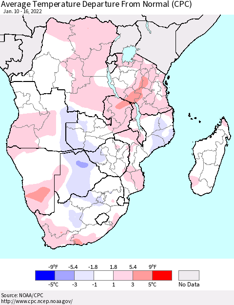 Southern Africa Average Temperature Departure from Normal (CPC) Thematic Map For 1/10/2022 - 1/16/2022