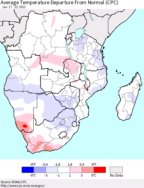 Southern Africa Average Temperature Departure from Normal (CPC) Thematic Map For 1/17/2022 - 1/23/2022