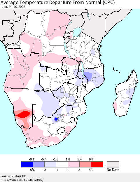 Southern Africa Average Temperature Departure from Normal (CPC) Thematic Map For 1/24/2022 - 1/30/2022