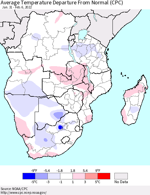 Southern Africa Average Temperature Departure from Normal (CPC) Thematic Map For 1/31/2022 - 2/6/2022