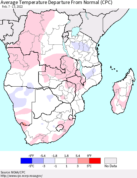 Southern Africa Average Temperature Departure from Normal (CPC) Thematic Map For 2/7/2022 - 2/13/2022