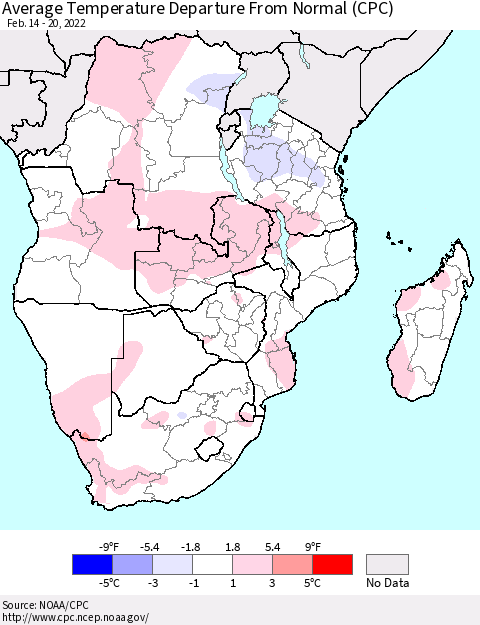 Southern Africa Average Temperature Departure from Normal (CPC) Thematic Map For 2/14/2022 - 2/20/2022