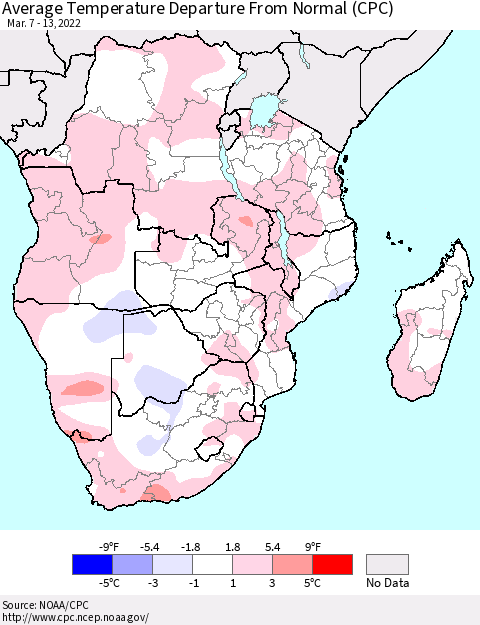 Southern Africa Average Temperature Departure from Normal (CPC) Thematic Map For 3/7/2022 - 3/13/2022