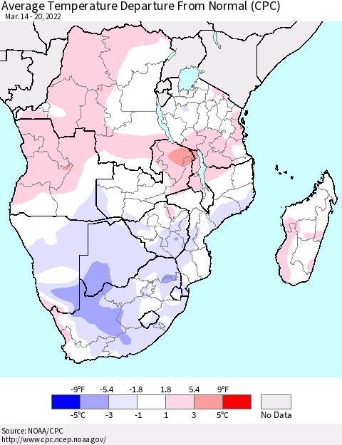 Southern Africa Average Temperature Departure from Normal (CPC) Thematic Map For 3/14/2022 - 3/20/2022