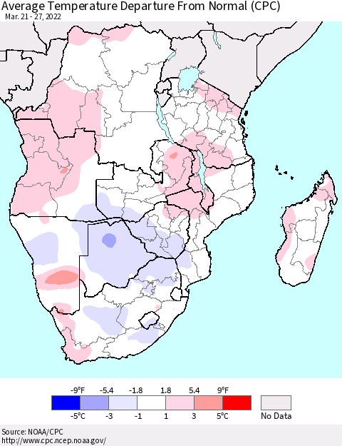 Southern Africa Average Temperature Departure from Normal (CPC) Thematic Map For 3/21/2022 - 3/27/2022