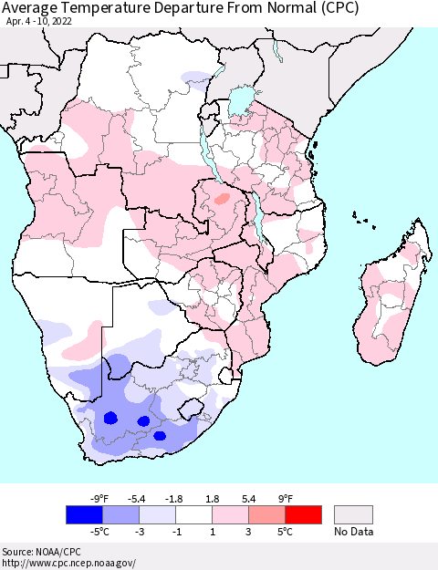 Southern Africa Average Temperature Departure from Normal (CPC) Thematic Map For 4/4/2022 - 4/10/2022