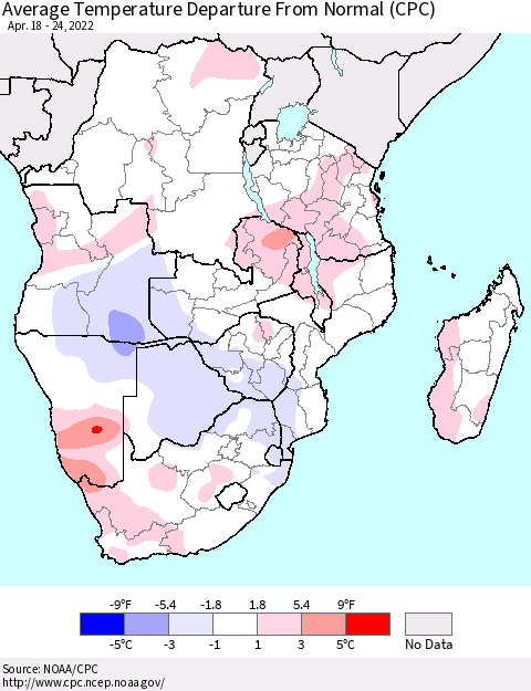 Southern Africa Average Temperature Departure from Normal (CPC) Thematic Map For 4/18/2022 - 4/24/2022