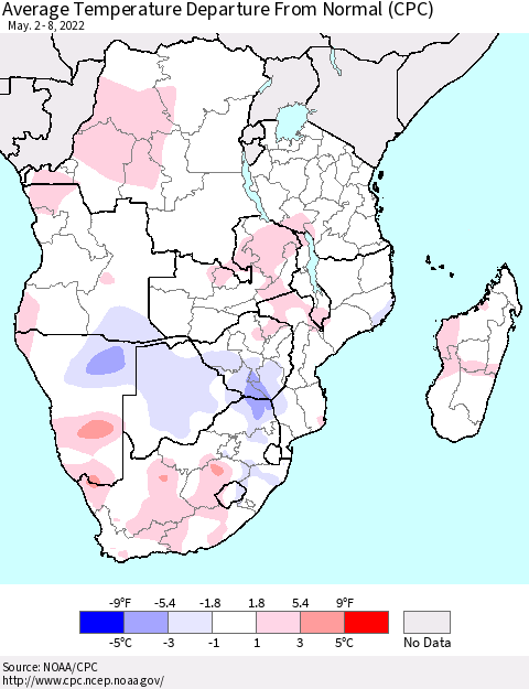 Southern Africa Average Temperature Departure from Normal (CPC) Thematic Map For 5/2/2022 - 5/8/2022