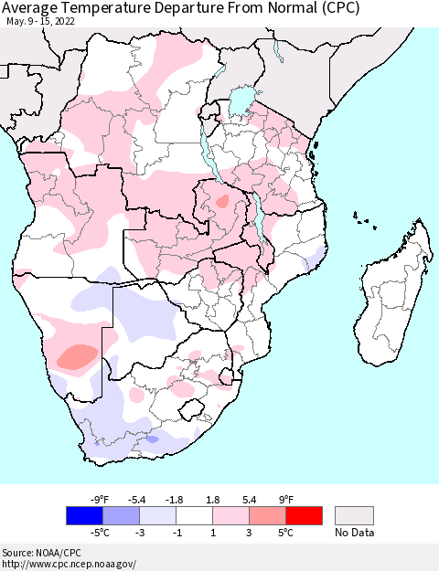 Southern Africa Average Temperature Departure from Normal (CPC) Thematic Map For 5/9/2022 - 5/15/2022
