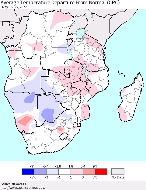 Southern Africa Average Temperature Departure from Normal (CPC) Thematic Map For 5/16/2022 - 5/22/2022