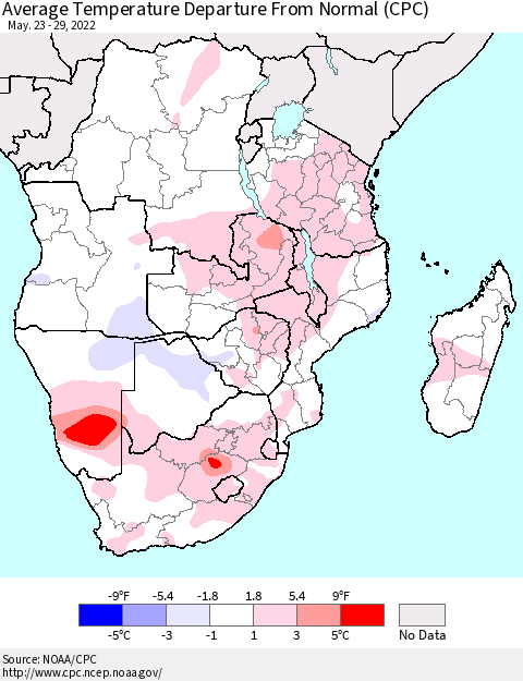 Southern Africa Average Temperature Departure from Normal (CPC) Thematic Map For 5/23/2022 - 5/29/2022