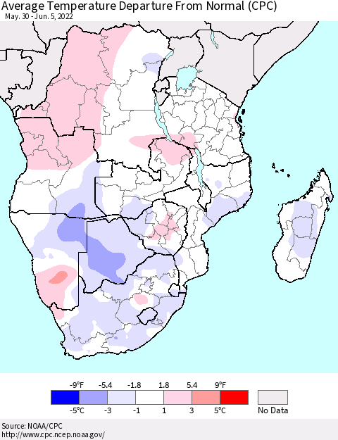Southern Africa Average Temperature Departure from Normal (CPC) Thematic Map For 5/30/2022 - 6/5/2022