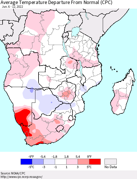Southern Africa Average Temperature Departure from Normal (CPC) Thematic Map For 6/6/2022 - 6/12/2022