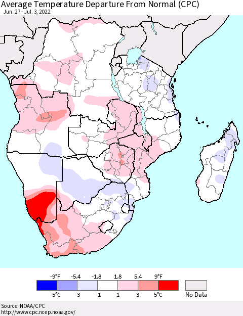 Southern Africa Average Temperature Departure from Normal (CPC) Thematic Map For 6/27/2022 - 7/3/2022