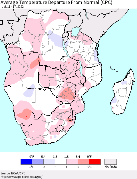 Southern Africa Average Temperature Departure from Normal (CPC) Thematic Map For 7/11/2022 - 7/17/2022
