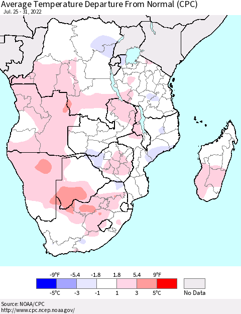 Southern Africa Average Temperature Departure from Normal (CPC) Thematic Map For 7/25/2022 - 7/31/2022