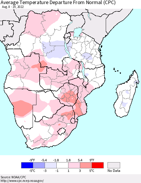 Southern Africa Average Temperature Departure from Normal (CPC) Thematic Map For 8/8/2022 - 8/14/2022