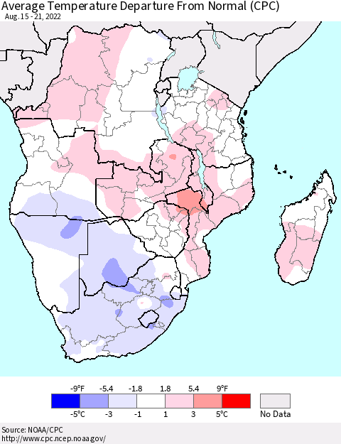 Southern Africa Average Temperature Departure from Normal (CPC) Thematic Map For 8/15/2022 - 8/21/2022