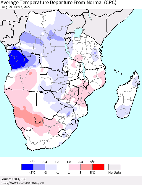 Southern Africa Average Temperature Departure from Normal (CPC) Thematic Map For 8/29/2022 - 9/4/2022