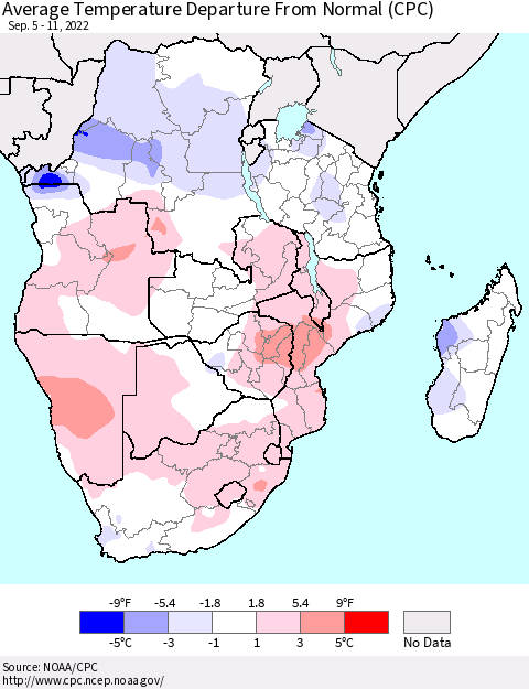 Southern Africa Average Temperature Departure from Normal (CPC) Thematic Map For 9/5/2022 - 9/11/2022