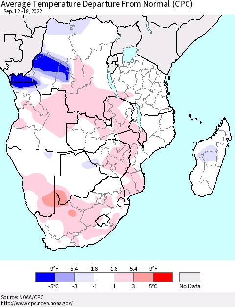 Southern Africa Average Temperature Departure from Normal (CPC) Thematic Map For 9/12/2022 - 9/18/2022
