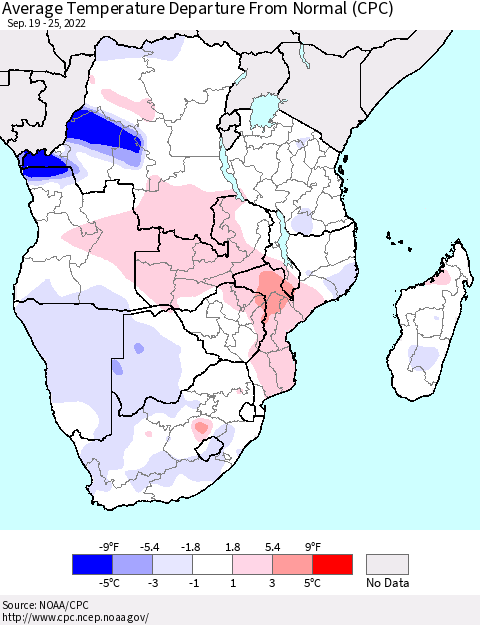 Southern Africa Average Temperature Departure from Normal (CPC) Thematic Map For 9/19/2022 - 9/25/2022