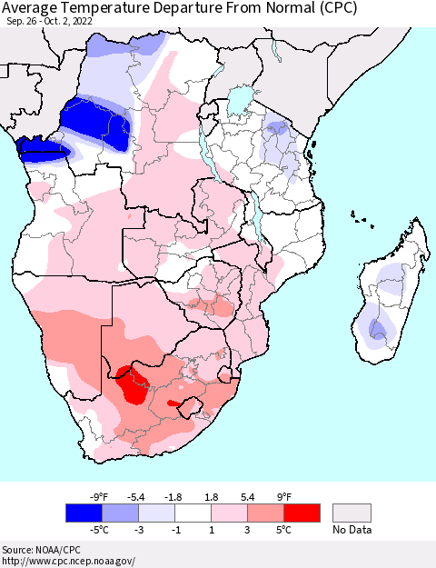 Southern Africa Average Temperature Departure from Normal (CPC) Thematic Map For 9/26/2022 - 10/2/2022