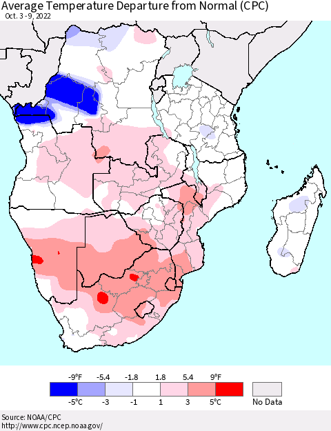 Southern Africa Average Temperature Departure from Normal (CPC) Thematic Map For 10/3/2022 - 10/9/2022