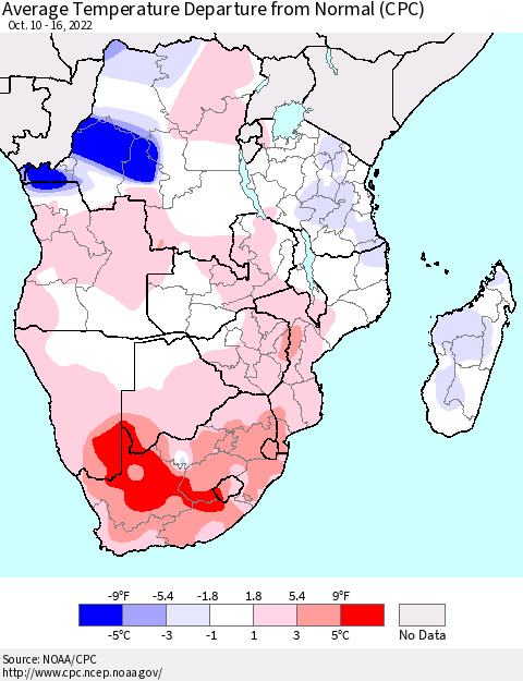 Southern Africa Average Temperature Departure from Normal (CPC) Thematic Map For 10/10/2022 - 10/16/2022